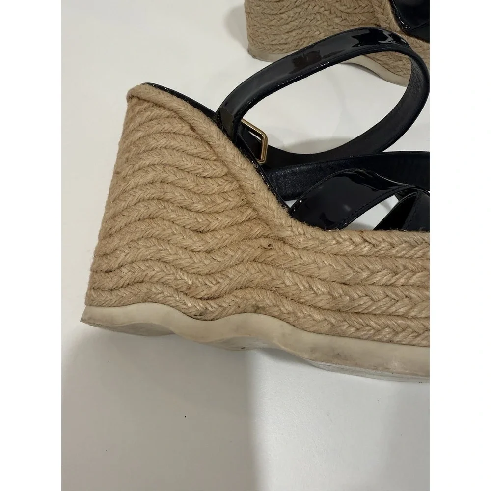 Yves Saint Laurent Espadrille Wedge Sandals Shoes Dark Blue Leather Size 37.5‎
